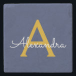 Navy Blue Gold Modern Script Girly Monogram Naam Stenen Onderzetter<br><div class="desc">Navy Blue en Gold Simple Script Monogram Naam Stone Tegel. Dit maakt het perfecte afstuderen,  lieve 16 jarige,  bruiloft,  vrijgezellenfeest,  jubileum,  baby shower of vrijgezellenfeest cadeau voor iemand die houdt van glamoureuze en chique stijlen.</div>
