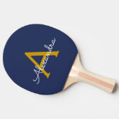 Navy Blue Gold Modern Script Girly Monogram Naam Tafeltennisbatje (Zijkant)