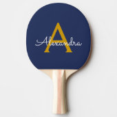 Navy Blue Gold Modern Script Girly Monogram Naam Tafeltennisbatje (Voorkant)