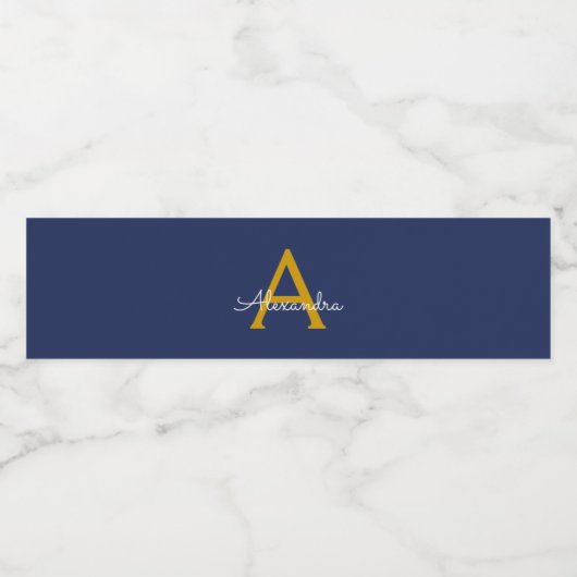 Navy Blue Gold Modern Script Girly Monogram Naam Waterfles Etiket (Enkel label)