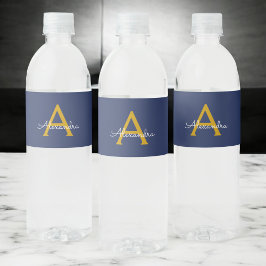 Navy Blue Gold Modern Script Girly Monogram Naam Waterfles Etiket