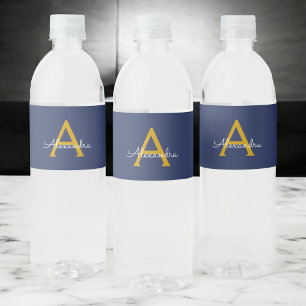 Navy Blue Gold Modern Script Girly Monogram Naam Waterfles Etiket