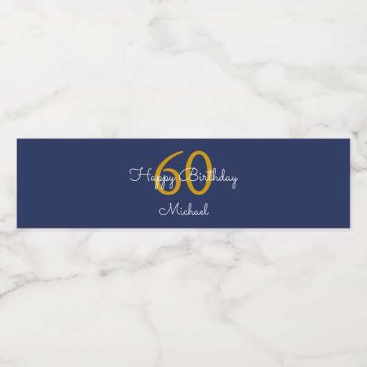 Navy Blue Gold Modern Script Verjaardag Waterfles Etiket (Enkel label)