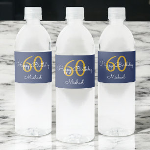 Navy Blue Gold Modern Script Verjaardag Waterfles Etiket