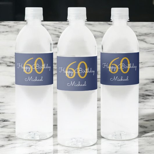 Navy Blue Gold Modern Script Verjaardag Waterfles Etiket