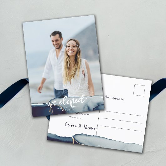 Navy Blue Gold Moderne foto Elopement Aankondiging Briefkaart