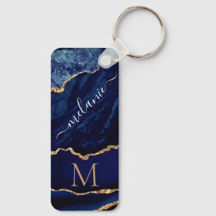 Navy Blue Gold Monogram Aangepaste Naam Sleutelhan Sleutelhanger