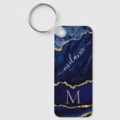 Navy Blue Gold Monogram Aangepaste Naam Sleutelhan Sleutelhanger (Voorkant)