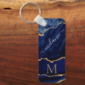Navy Blue Gold Monogram Aangepaste Naam Sleutelhan Sleutelhanger (Voorkant)