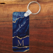 Navy Blue Gold Monogram Aangepaste Naam Sleutelhan Sleutelhanger (Achterkant)