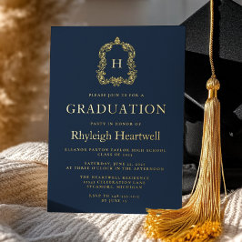 Navy Blue Gold Monogram Crest Graduation Party Folie Uitnodiging