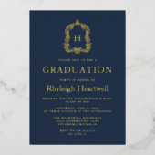 Navy Blue Gold Monogram Crest Graduation Party Folie Uitnodiging (Voorkant)