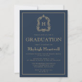 Navy Blue Gold Monogram Crest Graduation Party Kaart (Voorkant)