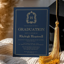 Navy Blue Gold Monogram Crest Graduation Party