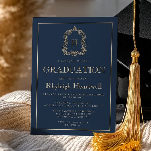 Navy Blue Gold Monogram Crest Graduation Party Kaart
