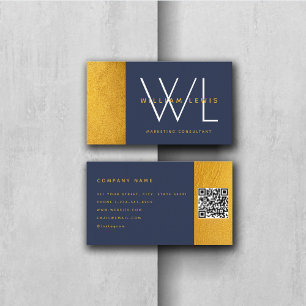 Navy Blue Gold Monogram Modern Minimalist QR Code Visitekaartje