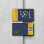 Navy Blue Gold Monogram Modern Minimalist QR Code Visitekaartje