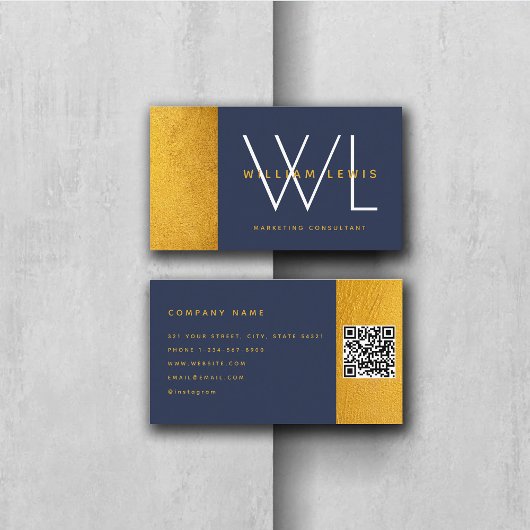 Navy Blue Gold Monogram Modern Minimalist QR Code Visitekaartje