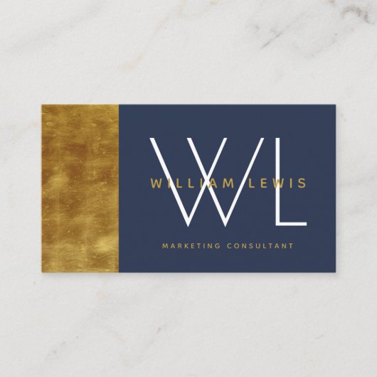 Navy Blue Gold Monogram Modern minimalist Visitekaartje (Voorkant)