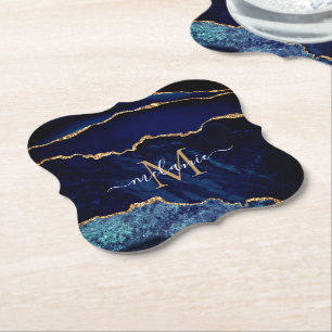 Navy Blue Gold Monogram Naam Papier Onderzetter