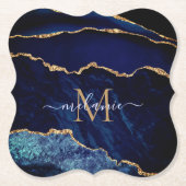 Navy Blue Gold Monogram Naam Papier Onderzetter (Voorkant)