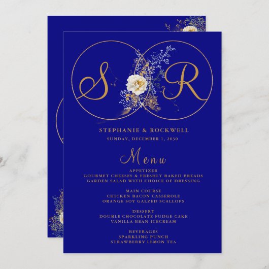 Navy Blue Gold Monogram Name Initiaal Wedding Menu (Voorkant / Achterkant)