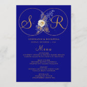 Navy Blue Gold Monogram Name Initiaal Wedding Menu (Voorkant)