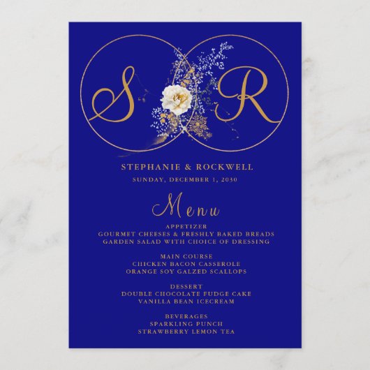 Navy Blue Gold Monogram Name Initiaal Wedding Menu (Voorkant)