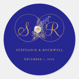 Navy Blue Gold Monogram Name Initiaal Wedding Ronde Sticker