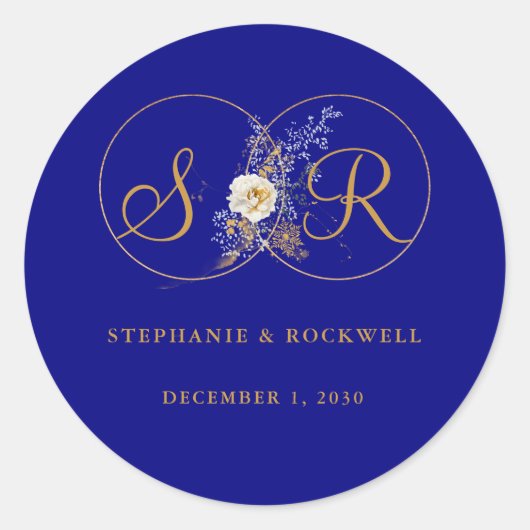 Navy Blue Gold Monogram Name Initiaal Wedding Ronde Sticker (Voorkant)