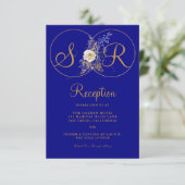 Navy Blue Gold Monogram Reception Kaart (Staand voorkant)