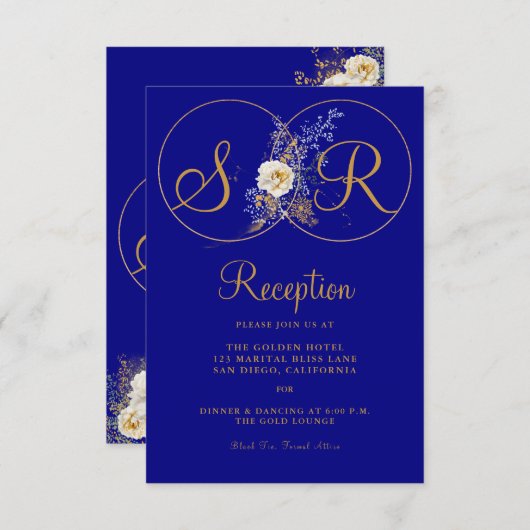 Navy Blue Gold Monogram Reception Kaart (Voorkant / Achterkant)