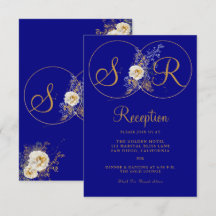Navy Blue Gold Monogram Reception Kaart