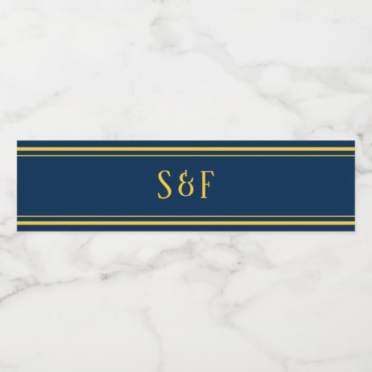 Navy Blue Gold Monogram Waterfles Etiket (Enkel label)