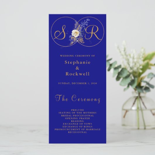 Navy Blue Gold Monogram Weddenprogramma (Staand voorkant)