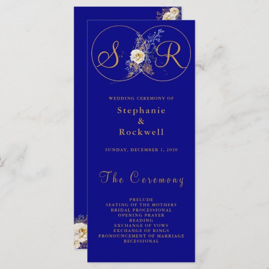 Navy Blue Gold Monogram Weddenprogramma (Voorkant / Achterkant)