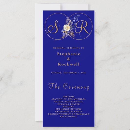 Navy Blue Gold Monogram Weddenprogramma (Voorkant)