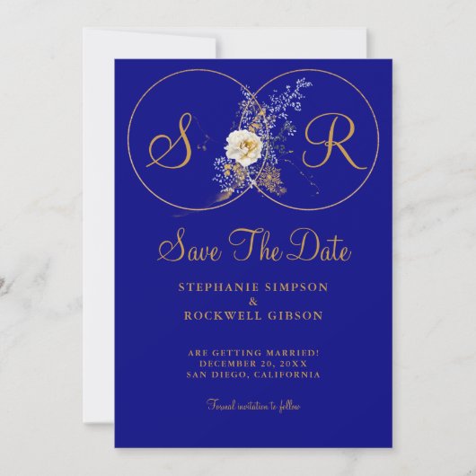 Navy Blue Gold Monogram Weddenschap bewaart de dat Save The Date (Voorkant)