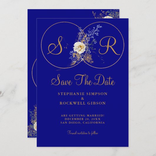 Navy Blue Gold Monogram Weddenschap bewaart de dat Save The Date (Voorkant / Achterkant)