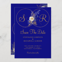 Navy Blue Gold Monogram Weddenschap bewaart de dat