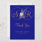 Navy Blue Gold Monogram Weddenschap Hartelijk dank (Voorkant)
