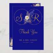 Navy Blue Gold Monogram Weddenschap Hartelijk dank (Voorkant / Achterkant)