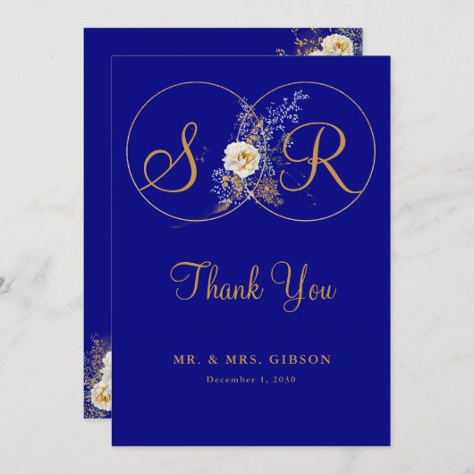 Navy Blue Gold Monogram Weddenschap Hartelijk dank (Voorkant / Achterkant)