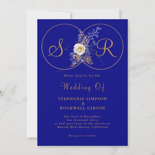 Navy Blue Gold Monogram Weddenschap Kaart (Voorkant)