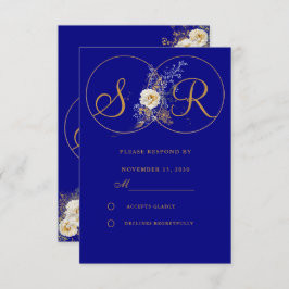 Navy Blue Gold Monogram Wedding RSVP Kaart
