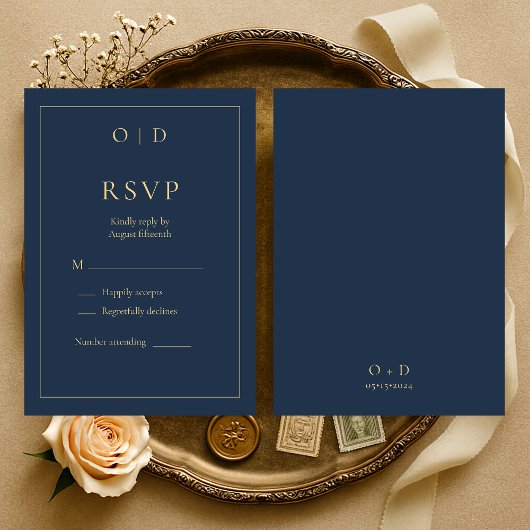 Navy Blue Gold Monogram Wedding RSVP  Kaartje
