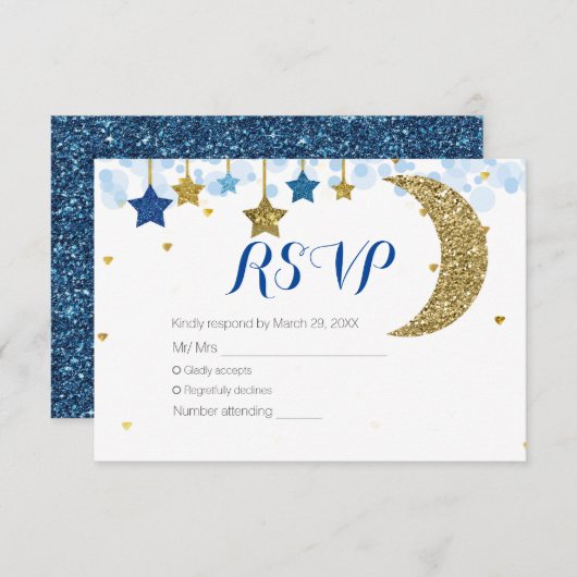 Navy Blue Gold Moon Baby shower RSVP-kaart Bedankkaart (Voorkant / Achterkant)