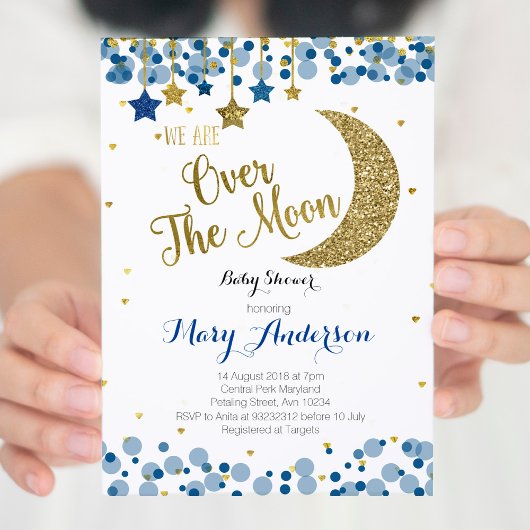 Navy Blue Gold Moon Baby shower uitnodiging
