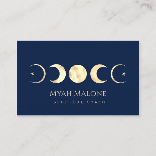 Navy Blue & Gold Moon Phase Yoga Spirituele Coach Visitekaartje (Voorkant)