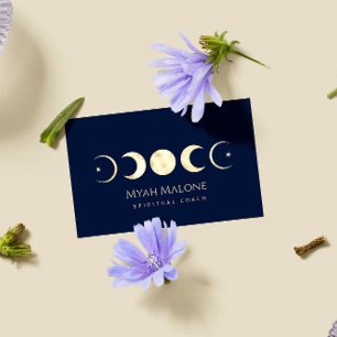 Navy Blue & Gold Moon Phase Yoga Spirituele Coach Visitekaartje
